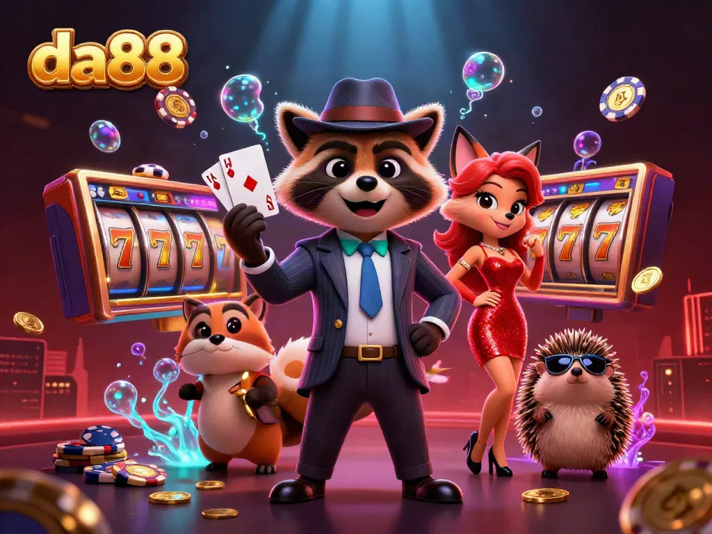 da88 showcases a raccoon holding a royal flush with vibrant casino elements and characters for an engaging gaming experience.