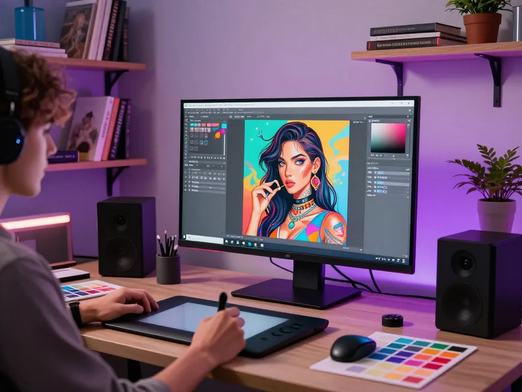 Artist creating AI porn-inspired digital art in a modern studio
