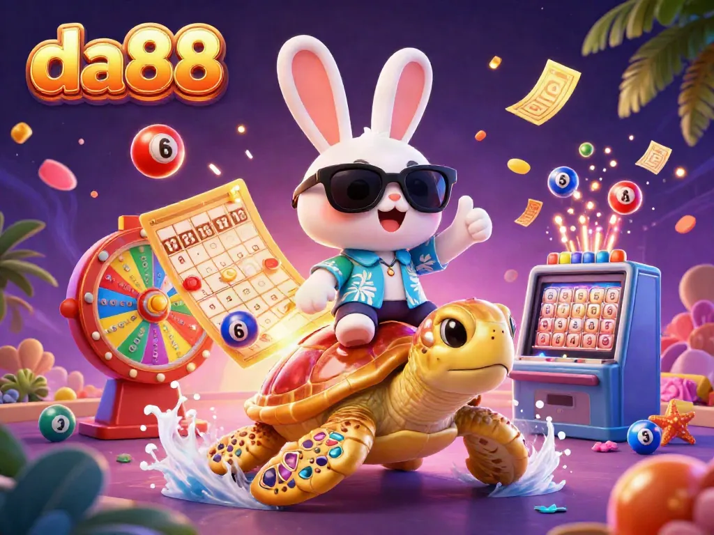 Engage with da88 as the lucky rabbit and golden turtle celebrate lottery wins in a vibrant casino atmosphere.