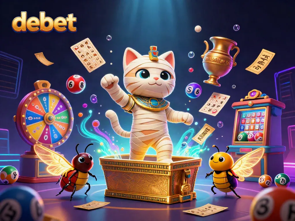 Experience the thrill of debet with a lively 3D mummy cat, lottery balls, and sparkling casino elements.