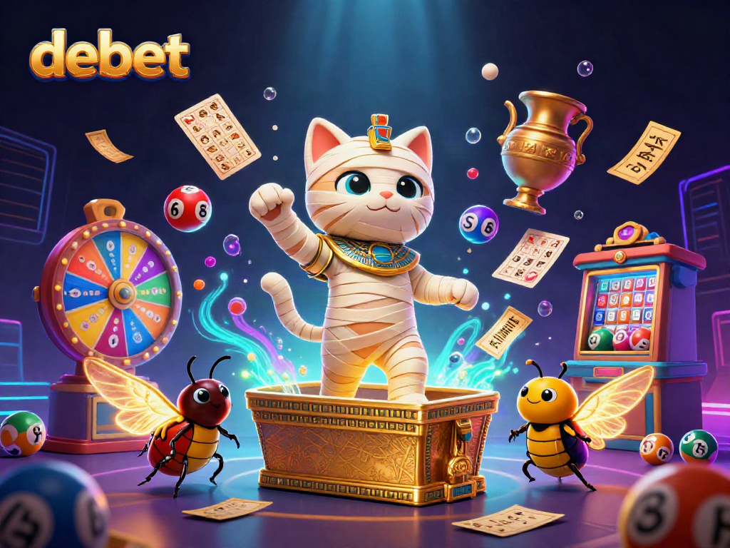 Experience the thrill of debet with a lively 3D mummy cat, lottery balls, and sparkling casino elements.