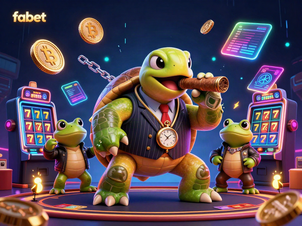 Experience thrilling gambling with fabet’s unique casino scene, featuring a snapping turtle mobster amidst glowing crypto coins.