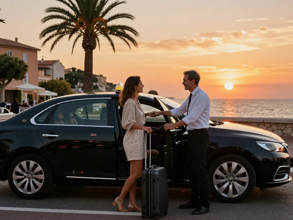 Service de taxi à Saint Tropez avec un chauffeur professionnel accueillant un passager élégant au coucher du soleil.