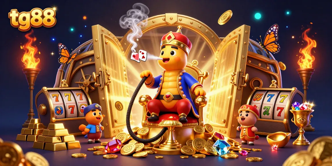Experience the excitement at tg88 with slot reels and a magical cartoon scene full of treasures.