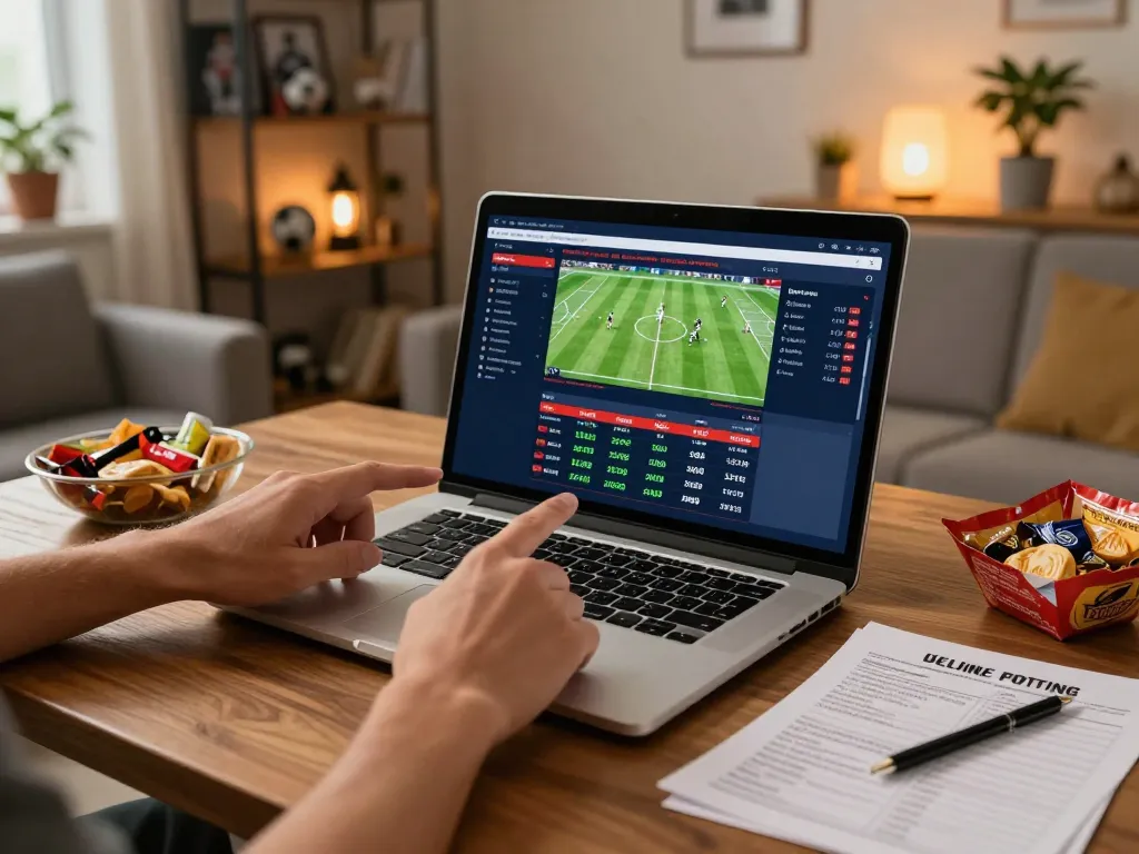 Engaged user analyzing Keo nha cai betting odds on laptop at home, surrounded by snacks and sports memorabilia.