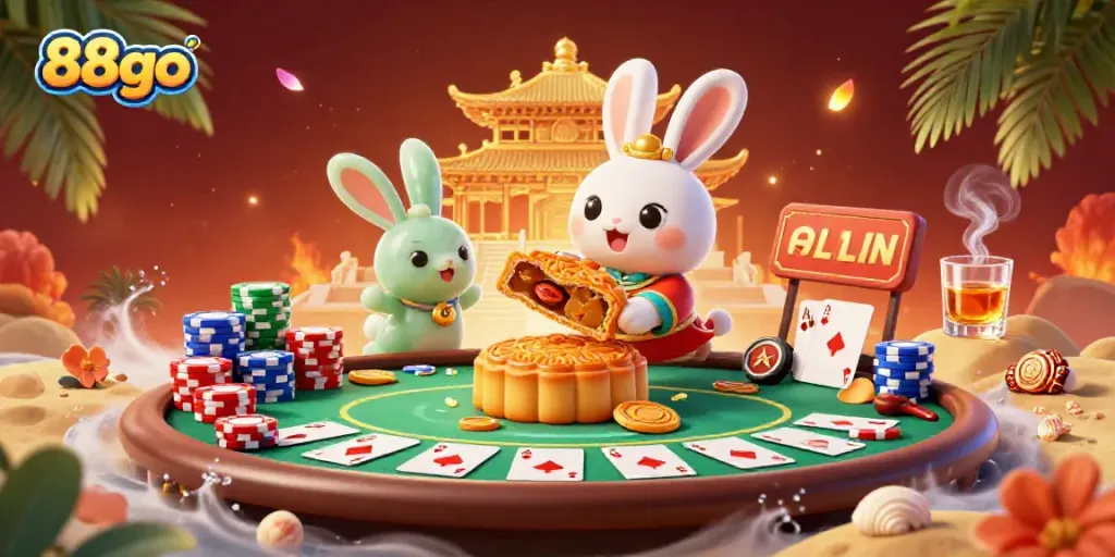 Experience high-stakes poker action with 88go featuring a moon rabbit surrounded by golden poker tokens and casino gaming elements.