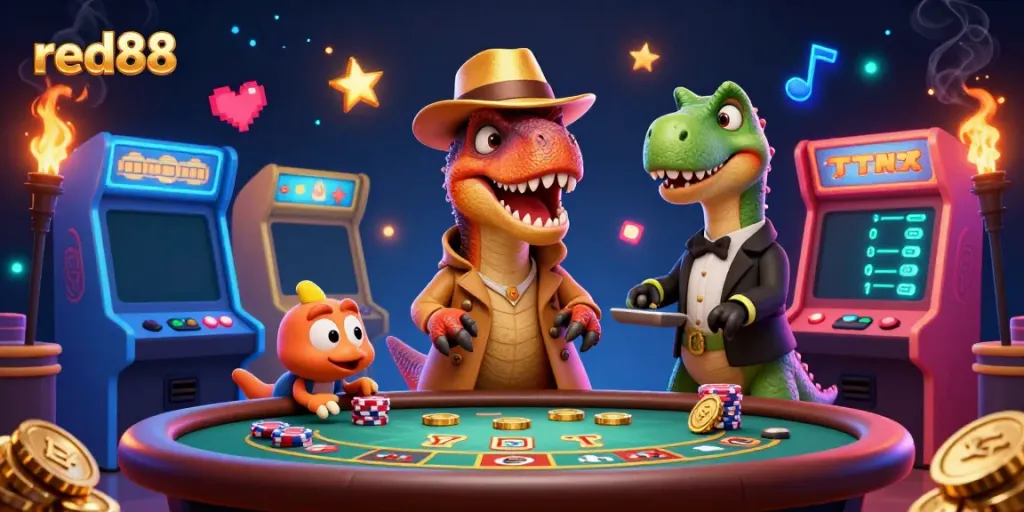 Experience the excitement at red88 with cartoon dinosaurs gambling in a lively casino scene.
