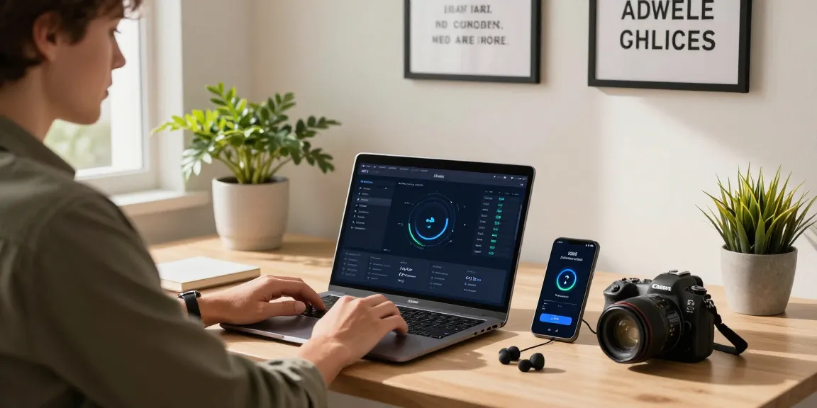 快连's network performance dashboard displayed on a sleek laptop in a modern home office