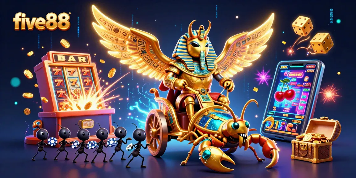 Experience thrilling action with five88, showcasing a golden scarab beetle and casino games bursting with excitement.
