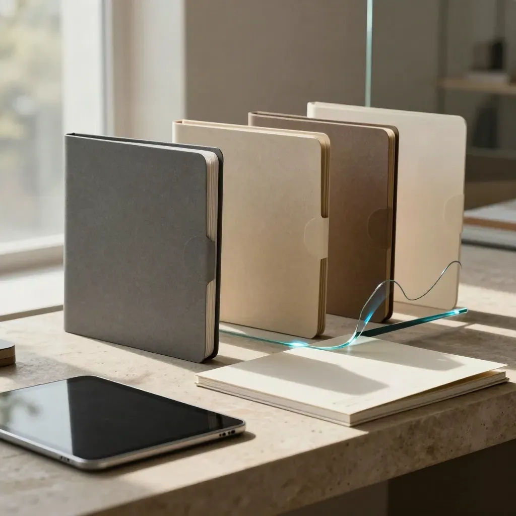 Tri složky, skleněná křivka a zavřený tablet na kamenné římse v jemném světle.