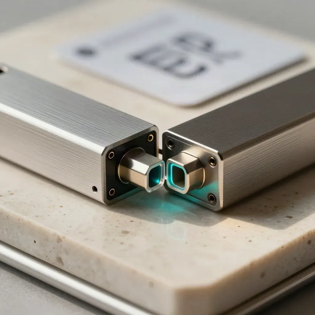 Brushed-metal propojení ERP a CRM na travertinu s jemnou mlhou a cyan detailem.