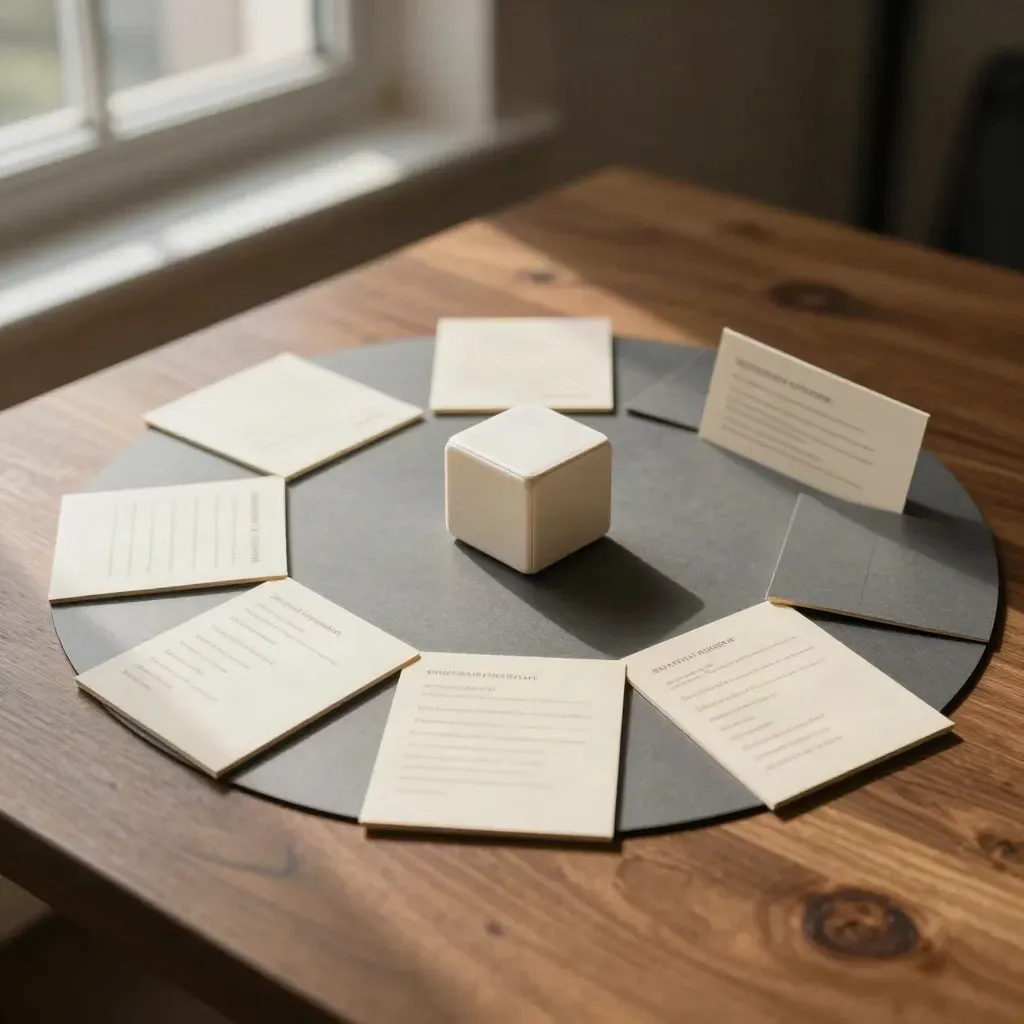 Overhead flatlay workshop kitu s diskem, kartami a časovačem na dřevěném podkladu.