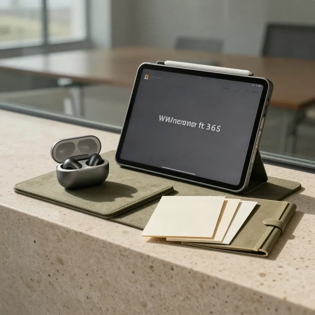 Sada pro školení Microsoft 365 s tabletem, headsetem a kartami na travertinu.