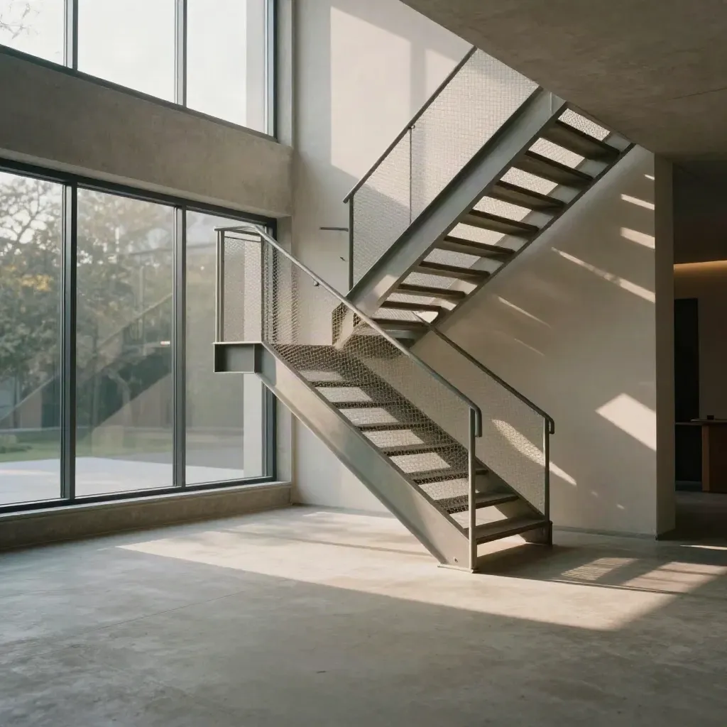 Skleněné atrium se schodištěm a paprskem světla na betonové podlaze.