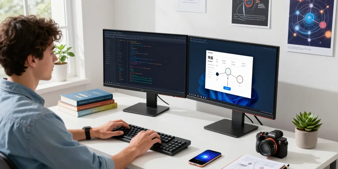 Professional workspace with a user configuring software for 快连, featuring dual monitors and modern tech elements.