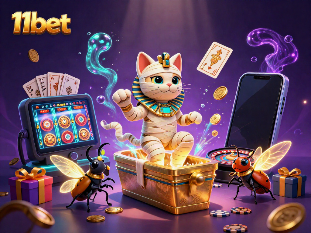 Engage in thrilling gameplay with 11bet's vibrant 3D casino scene featuring unique characters and dynamic elements.