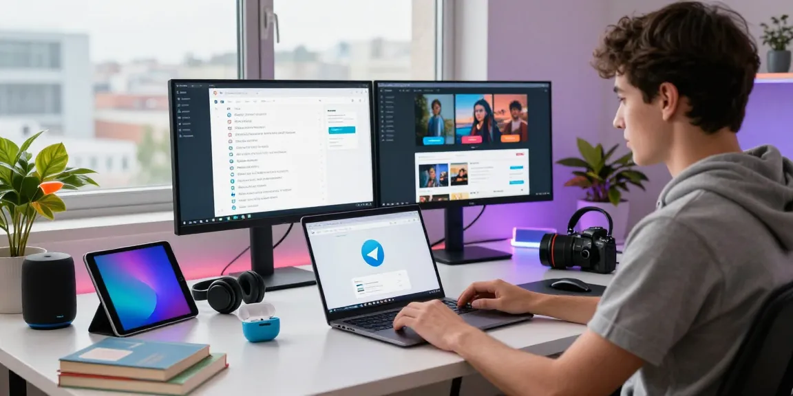 Engaging workspace showcasing the Telegram web version in action with modern tech gadgets and a vibrant city view.