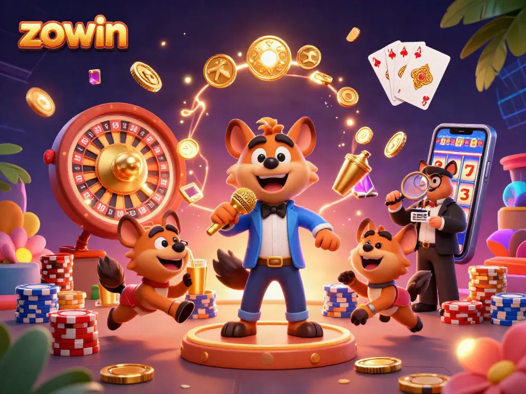 Zowin boasts a lively casino scene with hyenas, golden chips, and sparkling gems celebrating the fun of gaming.