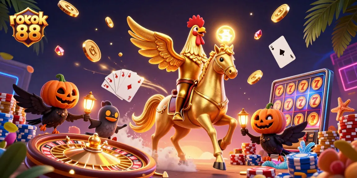 Rokok 88 features a golden rooster in a casino, spinning roulette and flying coins.