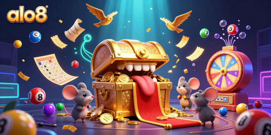 Experience the excitement of alo8's gaming world with colorful lottery balls, golden treasures, and vibrant casino elements.