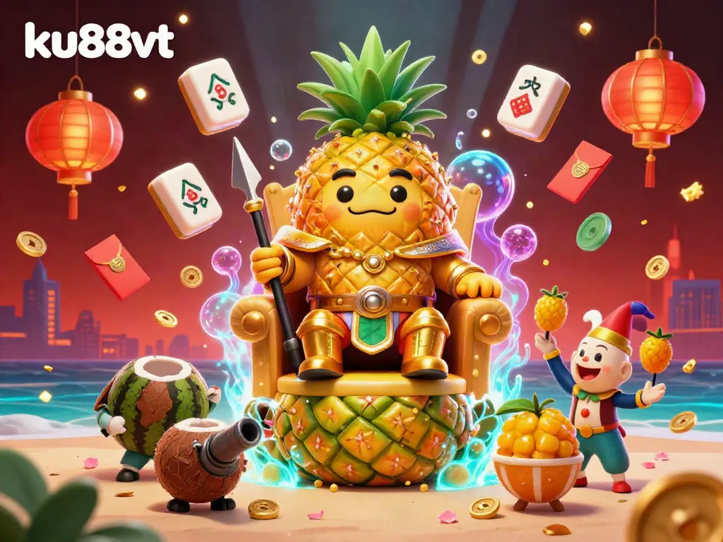 Join the fun at ku88vt with a vibrant 3D scene featuring the golden pineapple king and his casino adventures!