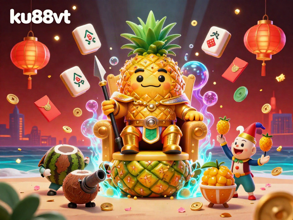 Join the fun at ku88vt with a vibrant 3D scene featuring the golden pineapple king and his casino adventures!