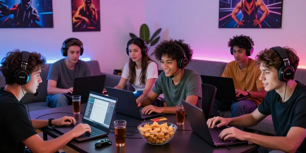 Diverse friends enjoying online gaming together in a lively living room setting at https://ku88vt.com/.
