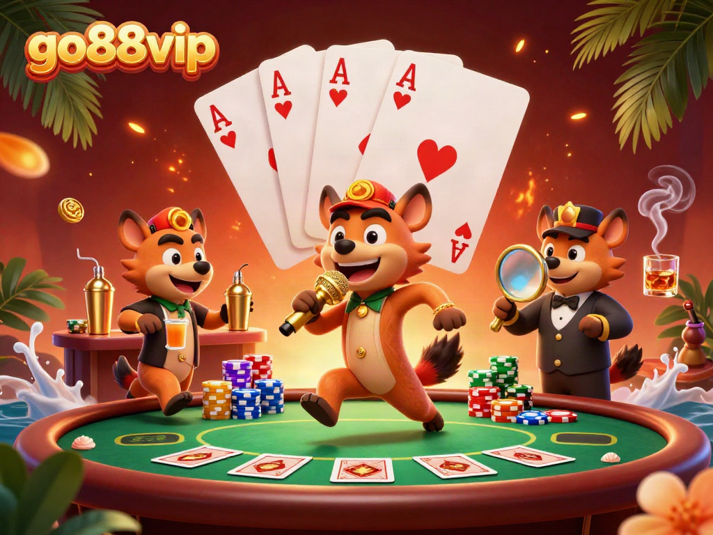 Experience go88vip with lively hyena characters in a vibrant casino scene.