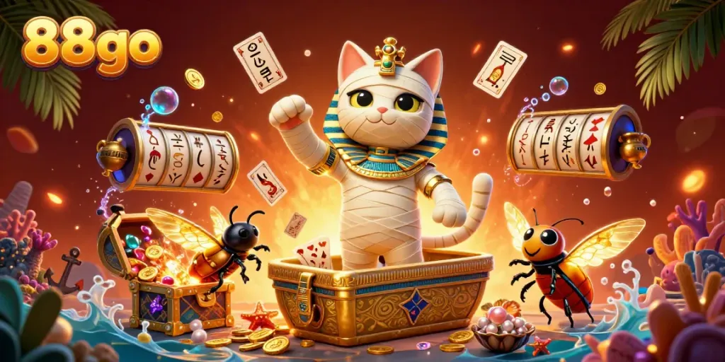 Experience the thrilling world of 88go with a vibrant, cinematic casino scene featuring an Egyptian mummy cat.