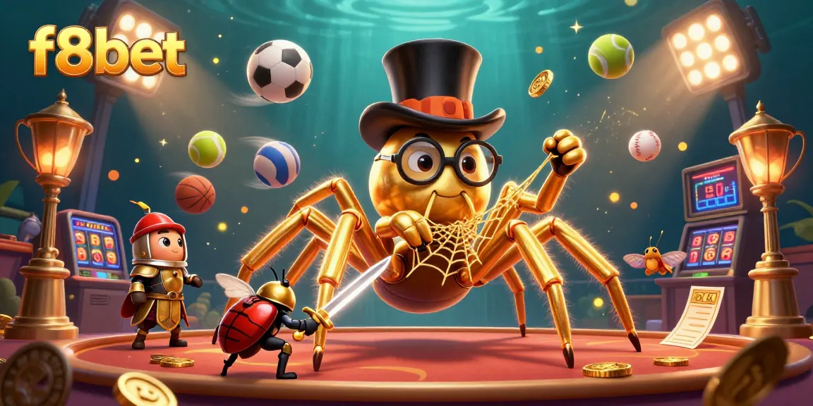 Bet on f8bet with a dynamic scene featuring a giant golden tarantula and sports elements in a vibrant casino.
