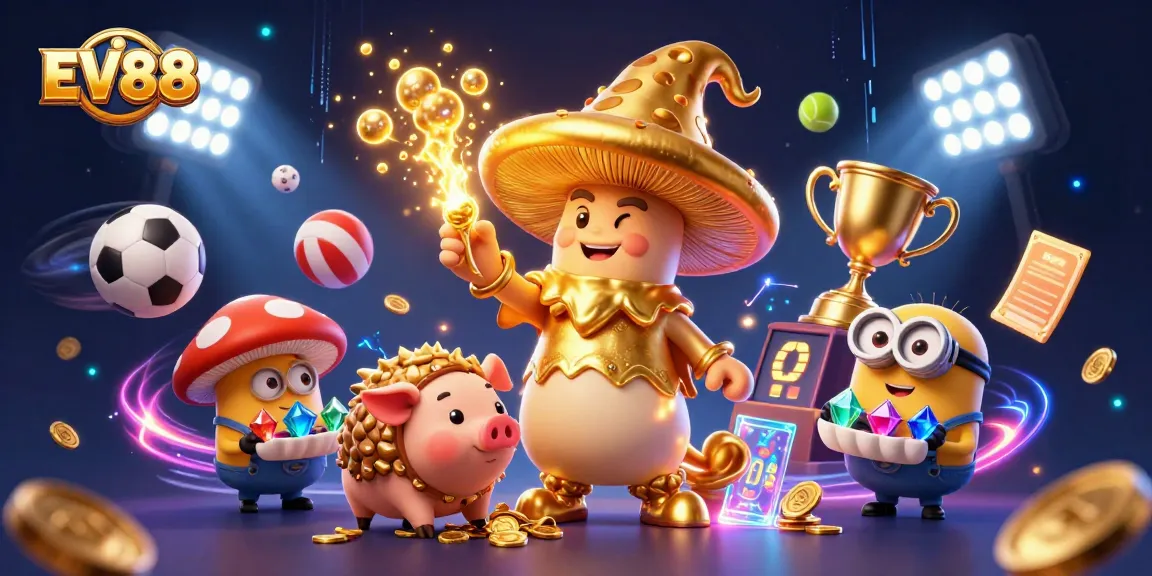 Experience the excitement at EV88 with a magical scene blending gaming elements and vibrant visuals.