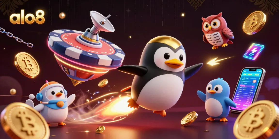 Experience the thrill of alo8 with a golden penguin racing towards a poker chip casino in space.