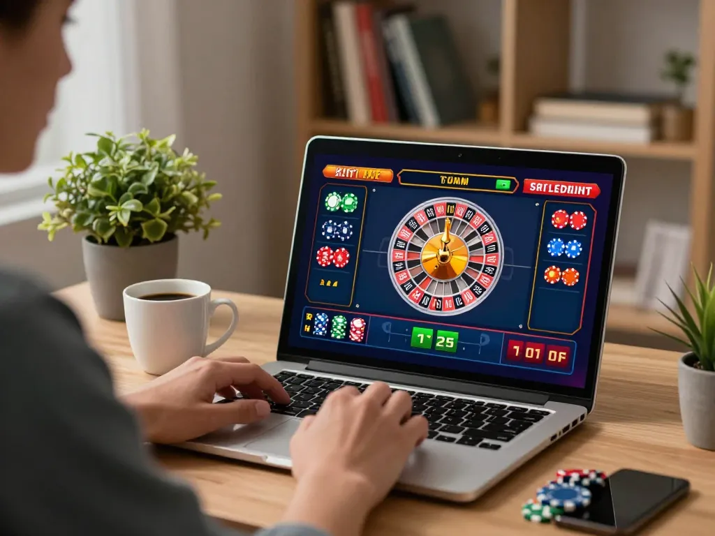 Person engaging in online roulette gaming at RR88 with vibrant visuals and cozy home office setting.