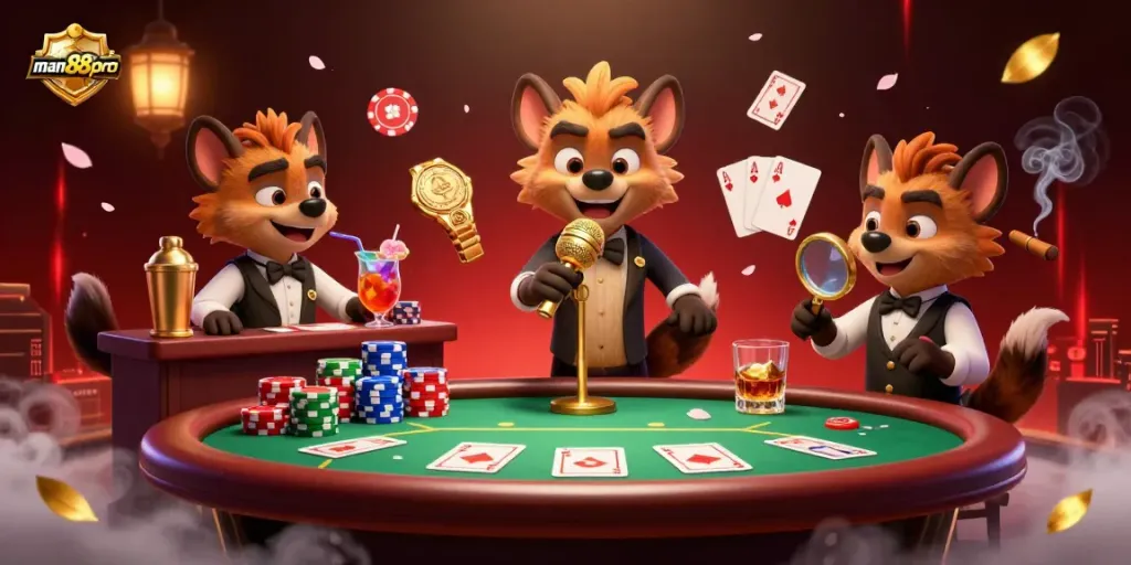 Experience the energetic comedy casino scene featuring man88pro's lively hyena characters.