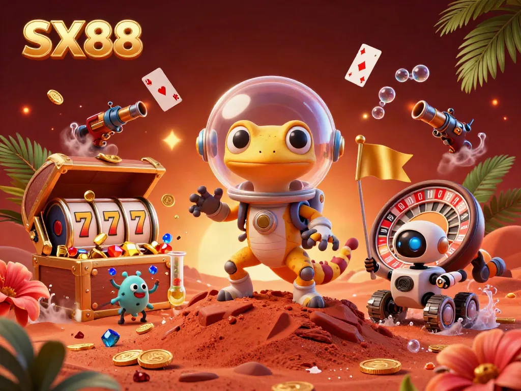 SX88 Martian gecko explores a buried casino in a vibrant, animated scene filled with gold coins and playful gaming elements.