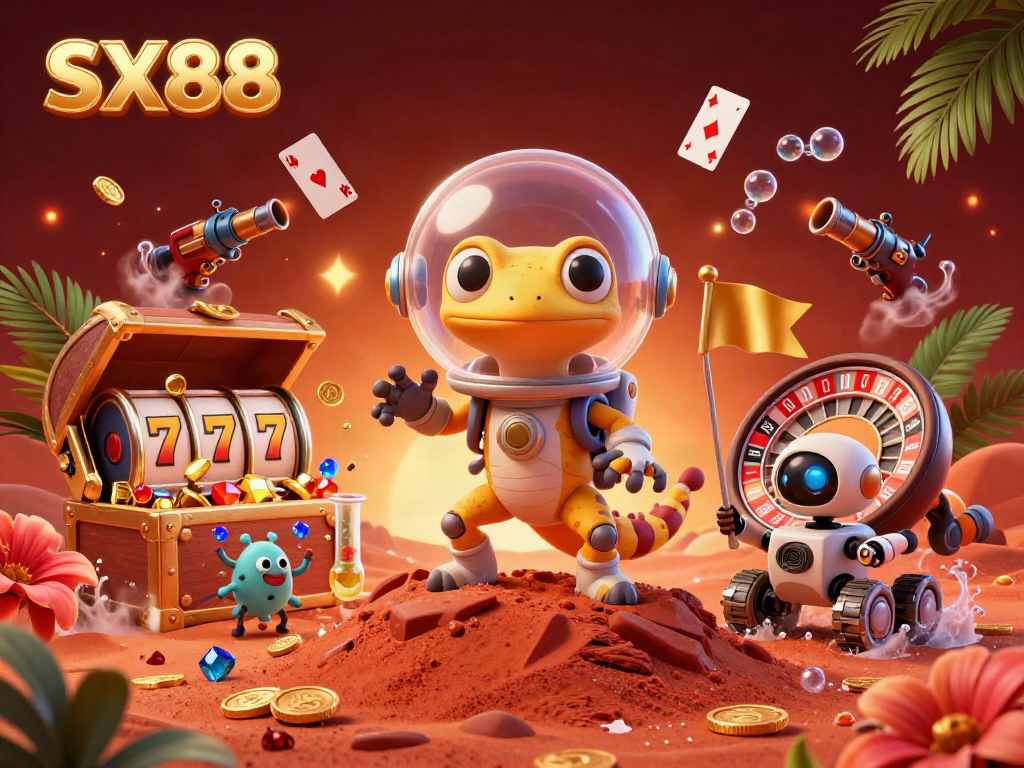 SX88 Martian gecko explores a buried casino in a vibrant, animated scene filled with gold coins and playful gaming elements.