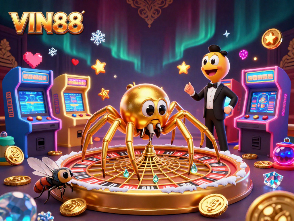 Experience thrilling gameplay with VIN88's unique roulette wheel scene featuring vibrant gaming elements and engaging characters.