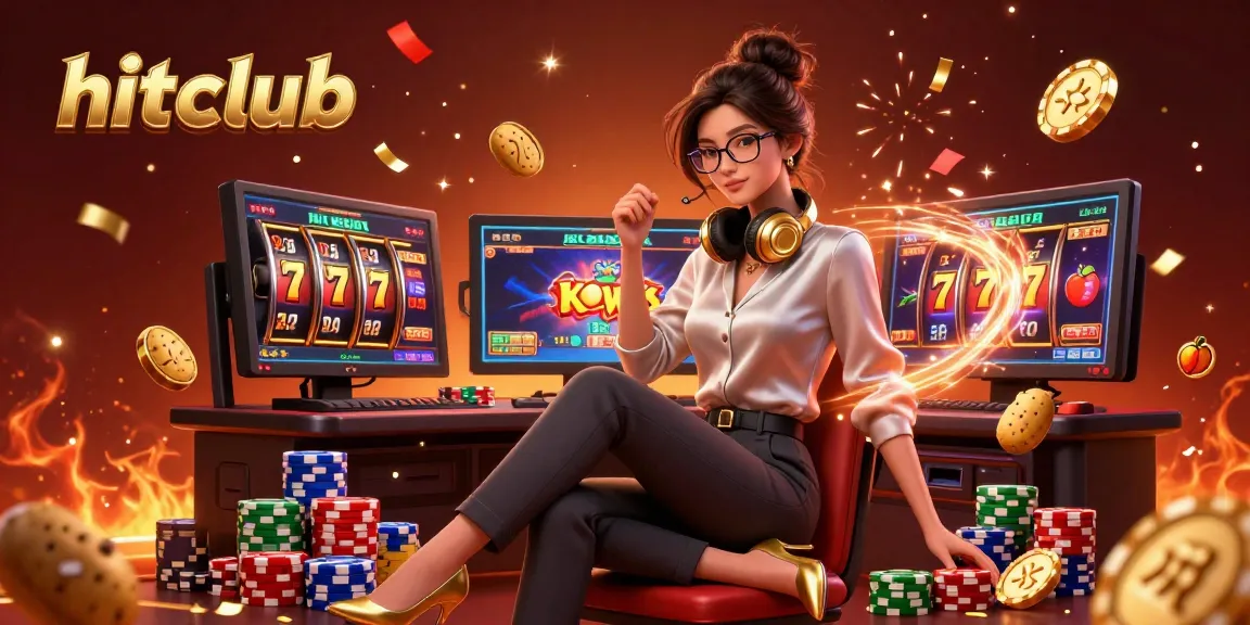 Hitclub showcases players winning at a vibrant casino setup with virtual slots, poker chips, and engaging gameplay.