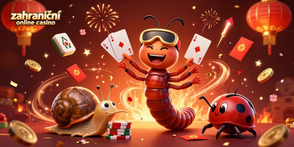 Zahraniční online casino s dealerem ve tvaru stonožky, který rozdává karty a slavnostním pozadím.