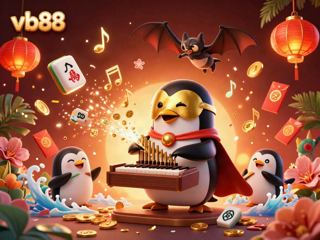Engage with vb88’s thrilling casino experience featuring a penguin playing golden organ with coins flowing.