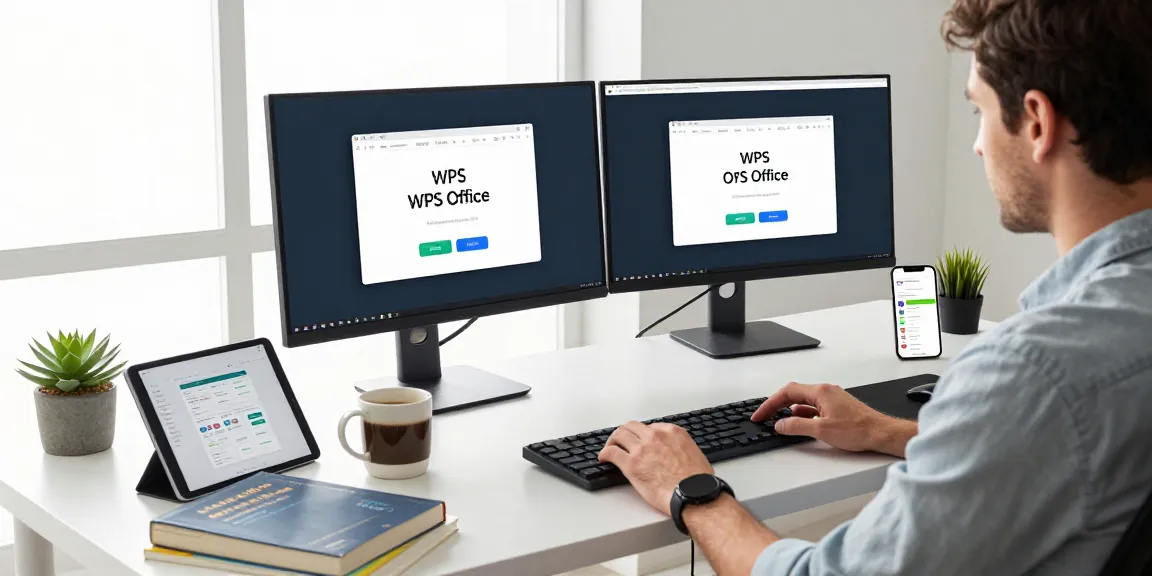 WPS Download in a modern office setting, showcasing a developer actively downloading software with tech tools around.