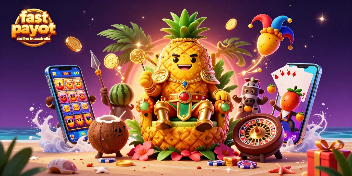 Engage with the fast payout casino online in australia scene featuring a golden pineapple king, coconut guards, and vibrant slot game elements.