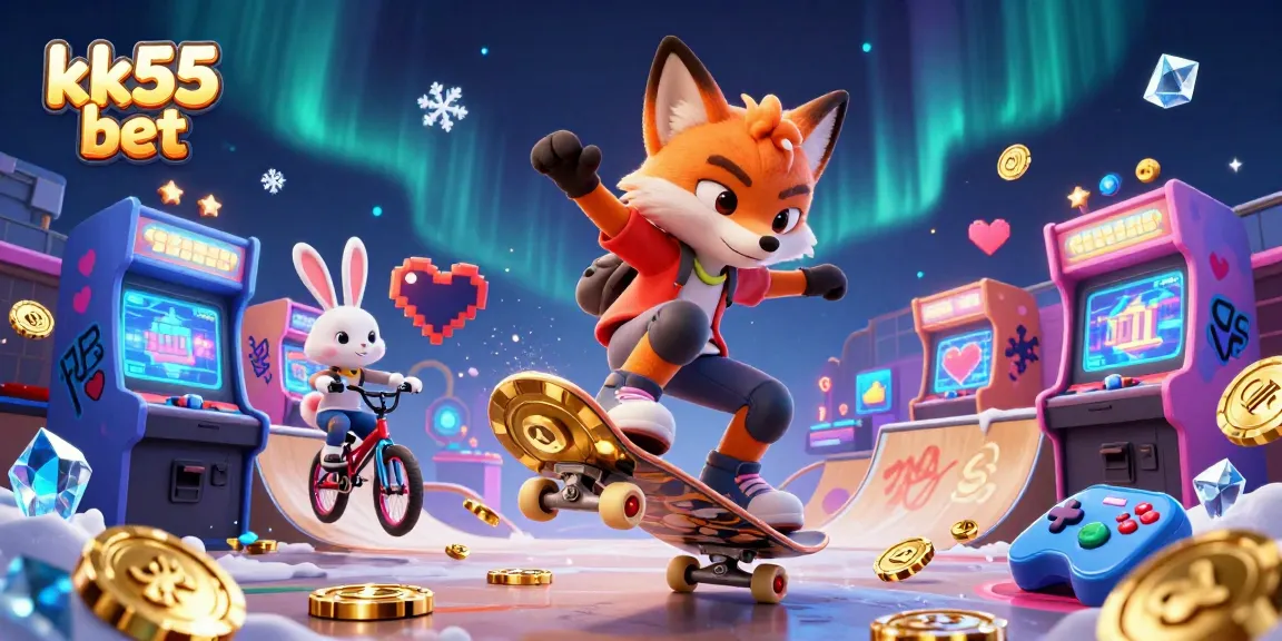 Experience the thrill at kk55 bet with vibrant 3D gaming characters amidst casino-themed elements.