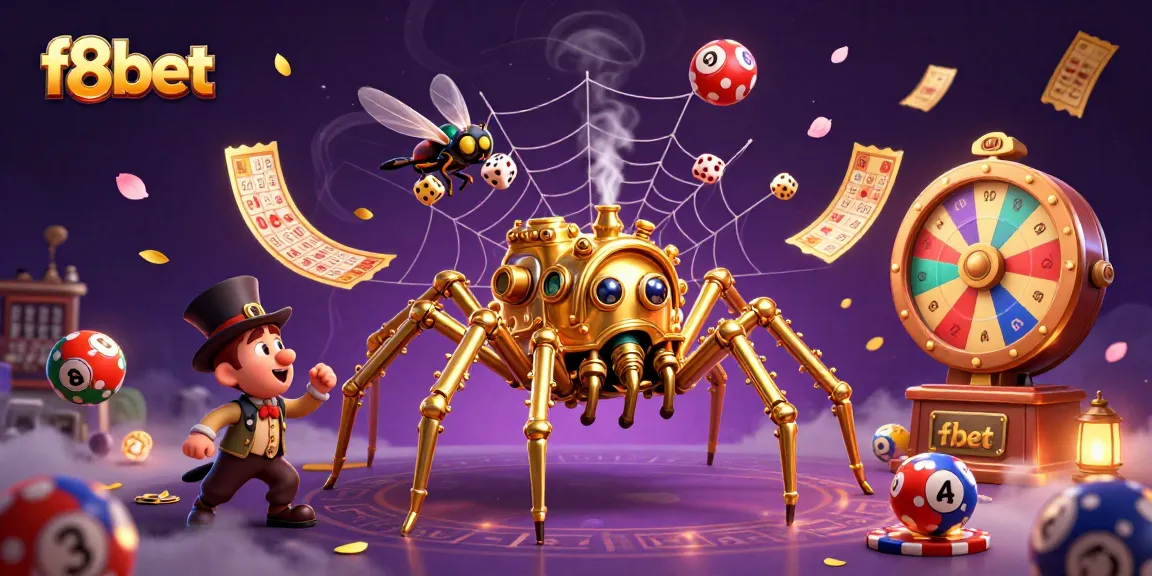 Experience exciting rewards with f8bet as a steampunk spider catches dice in a dynamic casino scene.