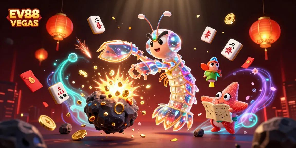 Engage with EV88 VEGAS in a vibrant scene featuring a galactic samurai shrimp amidst dazzling casino elements.