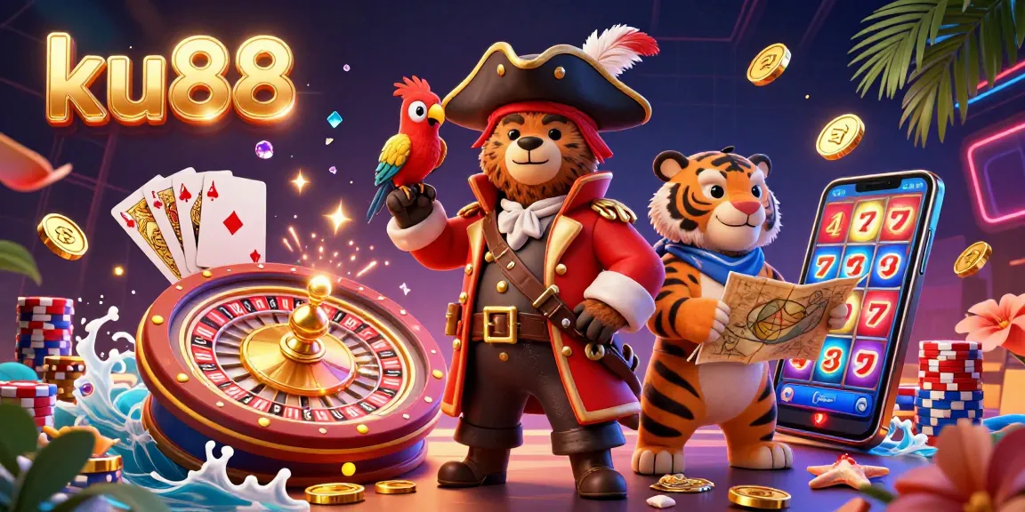 Experience the excitement of ku88 casino with pirate adventures and a treasure hunt in this dynamic illustration.