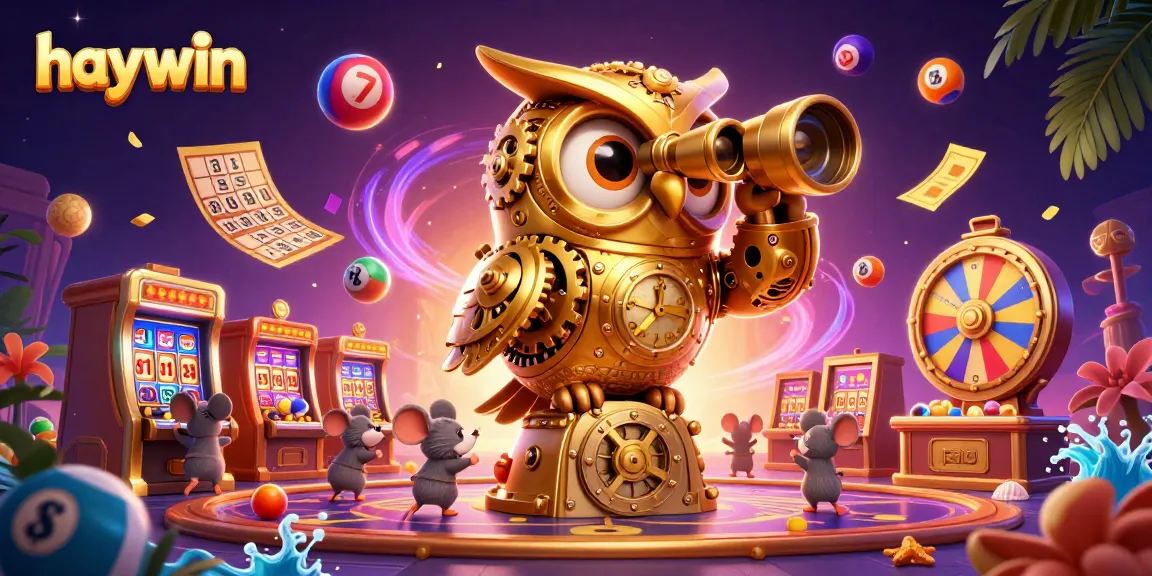 Enjoy the lively atmosphere of a casino with haywin, featuring a golden owl and vibrant game elements.
