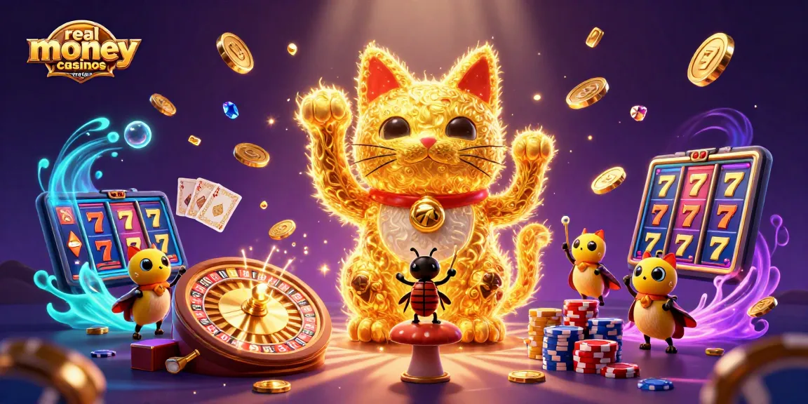 Experience real money casinos Australia with a vibrant scene of a lucky cat and casino elements.