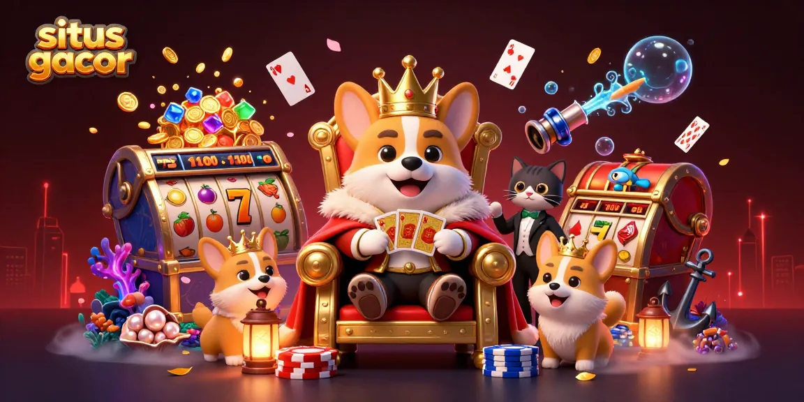 Experience the vibrant world of situs gacor with a lively scene of royal corgi and casino elements.