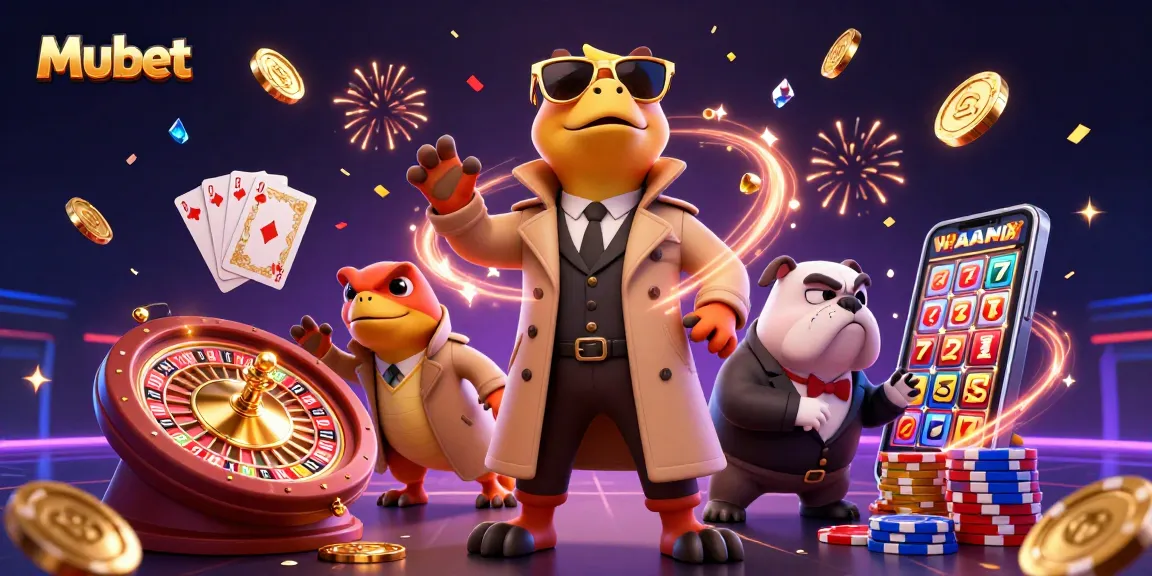 Mubet VIP casino illustration showing raptors in a trench coat and bulldog bouncer, exuding fun and whimsy.